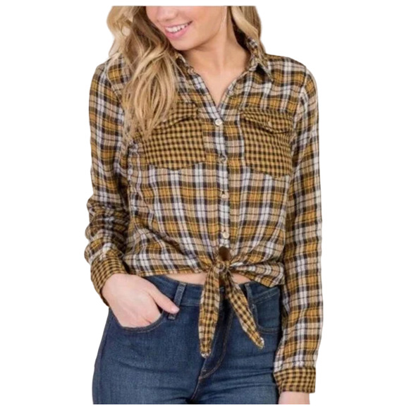 NWT Francesca's Dizzy Gal Gold/Black/White Plaid Button Down Shirt - Picture 2 of 11